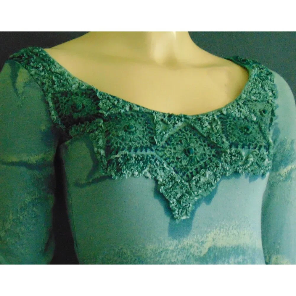 Mezon Teal Green Soutache Beaded Art to Wear Slim Fit Top Sm - Picture 3 of 8